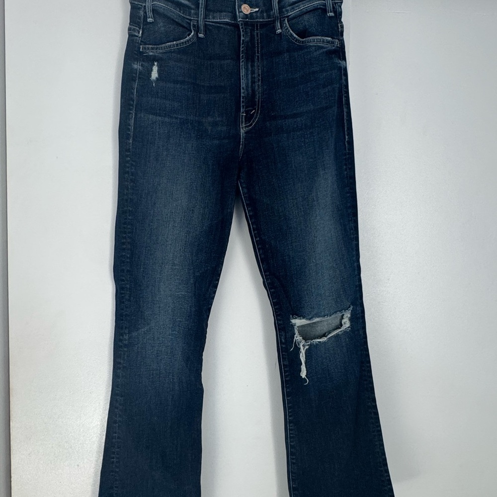 MOTHER Straight Leg Jeans in Dark Indigo with Knee Distress
